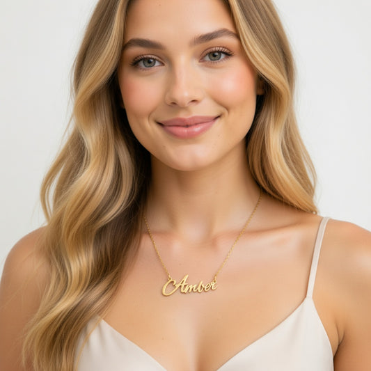 Amber Name Necklace - Signature Names Gold or Silver Tone Nameplate Necklace