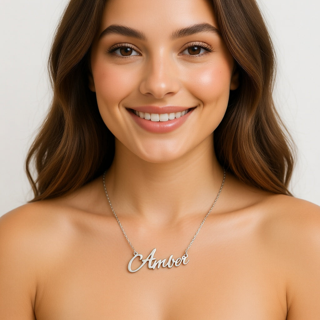 Amber Name Necklace - Signature Names Gold or Silver Tone Nameplate Necklace