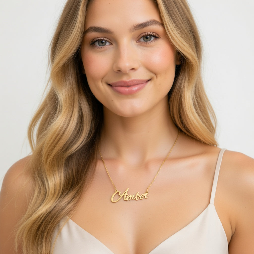 Amber Name Necklace - Signature Names Gold or Silver Tone Nameplate Necklace