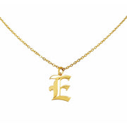 Gothic E initial necklace in gold